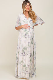 Mint Green Floral Chiffon Double V-Neck Smocked Waist Front Slit Maternity Maxi Dress