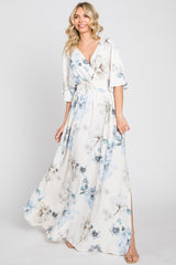 Blue Floral Double V-Neck Dolman Short Sleeve Side Slit Maternity Maxi Dress