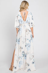 Blue Floral Double V-Neck Dolman Short Sleeve Side Slit Maxi Dress