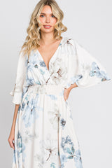 Blue Floral Double V-Neck Dolman Short Sleeve Side Slit Maxi Dress