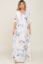 Blue Floral Double V-Neck Dolman Short Sleeve Side Slit Maternity Maxi Dress