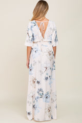 Blue Floral Double V-Neck Dolman Short Sleeve Side Slit Maternity Maxi Dress