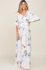 Blue Floral Double V-Neck Dolman Short Sleeve Side Slit Maternity Maxi Dress