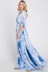 Blue Rose Floral Chiffon Double V-Neck Smocked Waist Front Slit Maxi