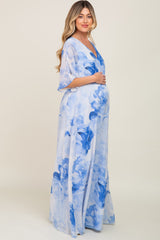 Blue Rose Floral Chiffon Double V-Neck Smocked Waist Front Slit Maternity Maxi