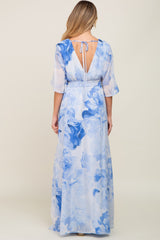 Blue Rose Floral Chiffon Double V-Neck Smocked Waist Front Slit Maternity Maxi