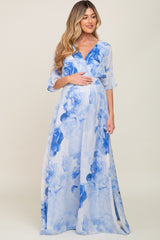 Blue Rose Floral Chiffon Double V-Neck Smocked Waist Front Slit Maternity Maxi