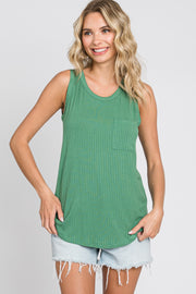 Green Ribbed Front Pocket Tank