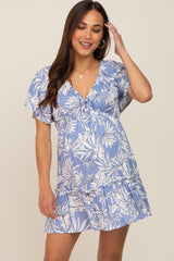 Periwinkle Palm Print Short Sleeve Ruffle Maternity Dress