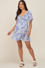 Periwinkle Palm Print Short Sleeve Ruffle Maternity Dress