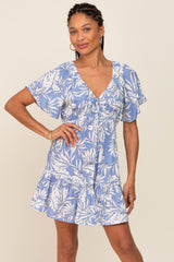 Periwinkle Palm Print Short Sleeve Ruffle Maternity Dress