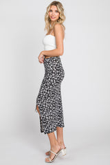 Black Floral Ruched Side Slit Midi Skirt