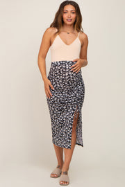 Black Floral Ruched Side Slit Maternity Midi Skirt