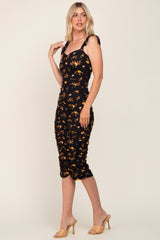 Black Floral Ruched Shoulder Tie Midi Dress