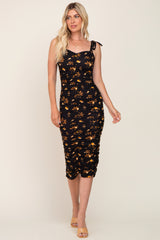 Black Floral Ruched Shoulder Tie Midi Dress