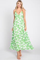 Green Floral Chiffon Deep V-Neck Sleeveless Maxi Dress