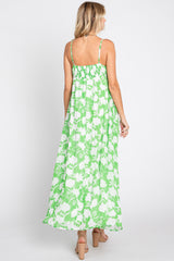 Green Floral Chiffon Deep V-Neck Sleeveless Maxi Dress