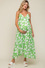 Green Floral Chiffon Deep V-Neck Sleeveless Maternity Maxi Dress