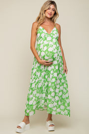 Green Floral Chiffon Deep V-Neck Sleeveless Maternity Maxi Dress