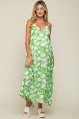 Green Floral Chiffon Deep V-Neck Sleeveless Maternity Maxi Dress