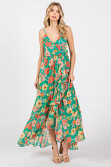 Green Floral Chiffon Ruffle Hi-Low Sleeveless Maternity Midi Dress