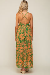 Green Floral Chiffon Pleated V-Neck Sleeveless Maternity Maxi Dress