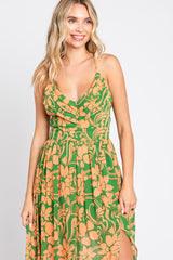 Green Floral Chiffon Pleated V-Neck Sleeveless Maxi Dress