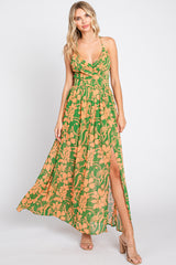 Green Floral Chiffon Pleated V-Neck Sleeveless Maxi Dress