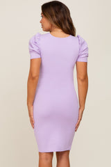 Lavender Solid Puff Sleeve Maternity Dress