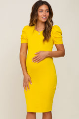 Yellow Solid Puff Sleeve Maternity Dress