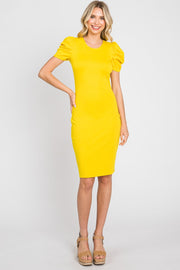 Yellow Solid Puff Sleeve Dress