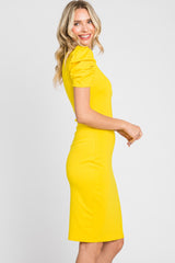 Yellow Solid Puff Sleeve Dress