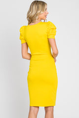 Yellow Solid Puff Sleeve Dress