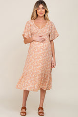 Peach Floral Smocked Maternity Midi Dress