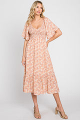 Peach Floral Smocked Midi Dress