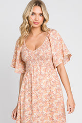 Peach Floral Smocked Midi Dress