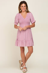 Mauve Plaid Smocked Puff Short Sleeve Dress