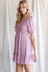 Mauve Plaid Smocked Puff Short Sleeve Dress