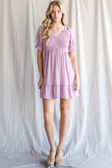 Mauve Plaid Smocked Puff Short Sleeve Dress