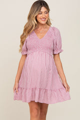 Mauve Plaid Smocked Puff Short Sleeve Maternity Dress