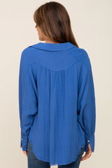 Blue Button-Down Raw Hem Blouse