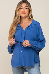 Blue Button-Down Raw Hem Maternity Blouse