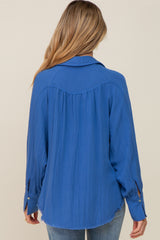 Blue Button-Down Raw Hem Maternity Blouse