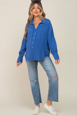 Blue Button-Down Raw Hem Maternity Blouse