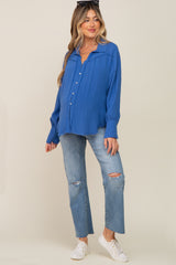 Blue Button-Down Raw Hem Maternity Blouse