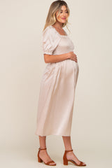 Cream Satin Puff Sleeve Maternity Midi Dress