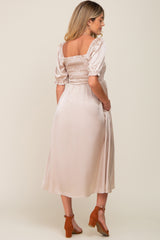 Cream Satin Puff Sleeve Maternity Midi Dress