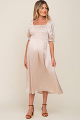 Cream Satin Puff Sleeve Maternity Midi Dress