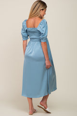 Blue Satin Puff Sleeve Maternity Midi Dress