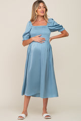 Blue Satin Puff Sleeve Maternity Midi Dress